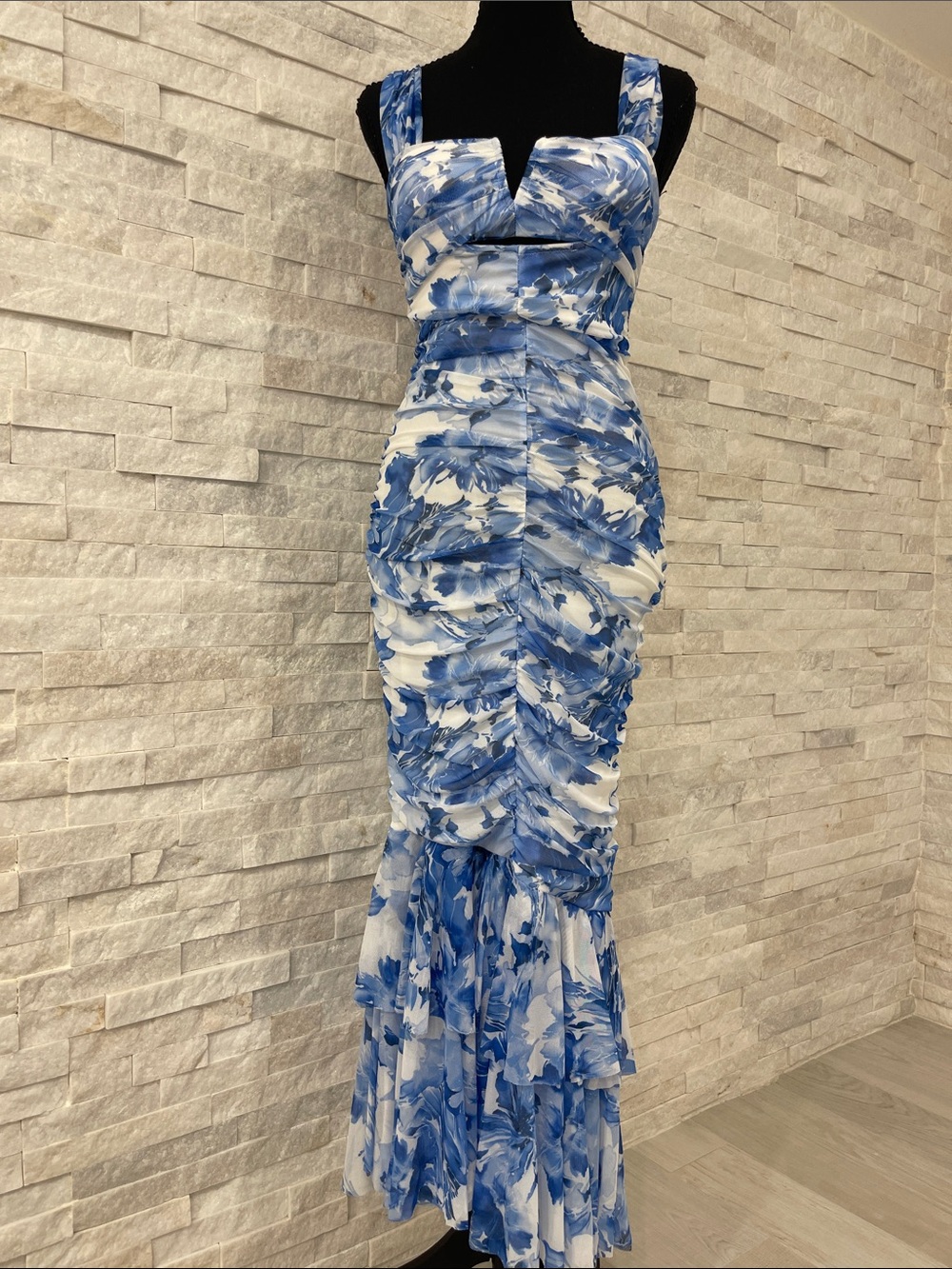 Blue and White Floral Ruched Maxi Dress